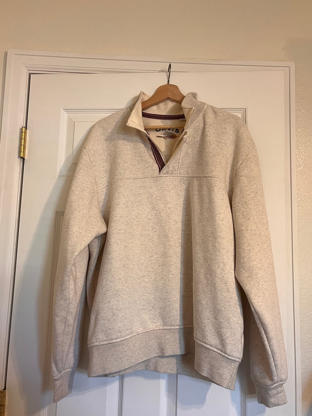 Orvis Cream Zip-Up Sweater with Maroon Trim